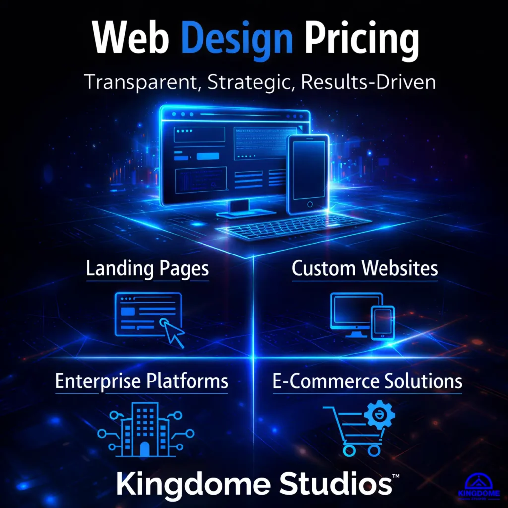 Professional black and blue Web Design Pricing infographic representing strategic, transparent, and scalable website investment by Kingdome Studios