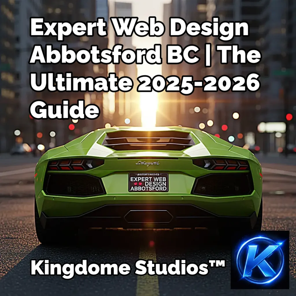 Expert web design Abbotsford BC guide by Kingdome Studios; a high-performance lime green sports car on a city street featuring a license plate that reads EXPERT DESIGN ABBOTSFORD