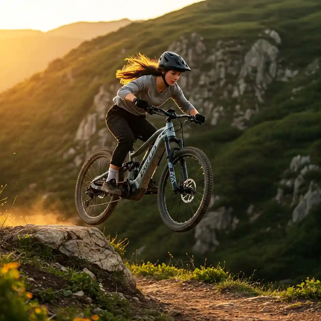A very excited young lady taking a jump off a rocky trail on her new Mountain bike style Voltify Ebike