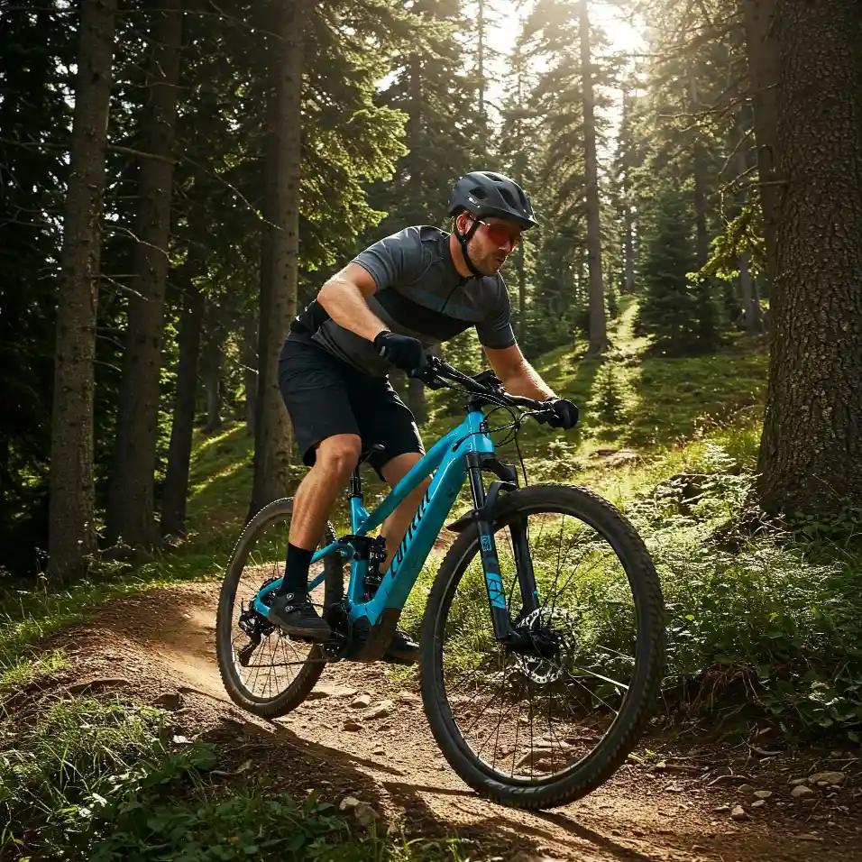 An HD image of a man on a blue Voltify Ebike riding through the hilly trails of Whistler British Columbia Canada