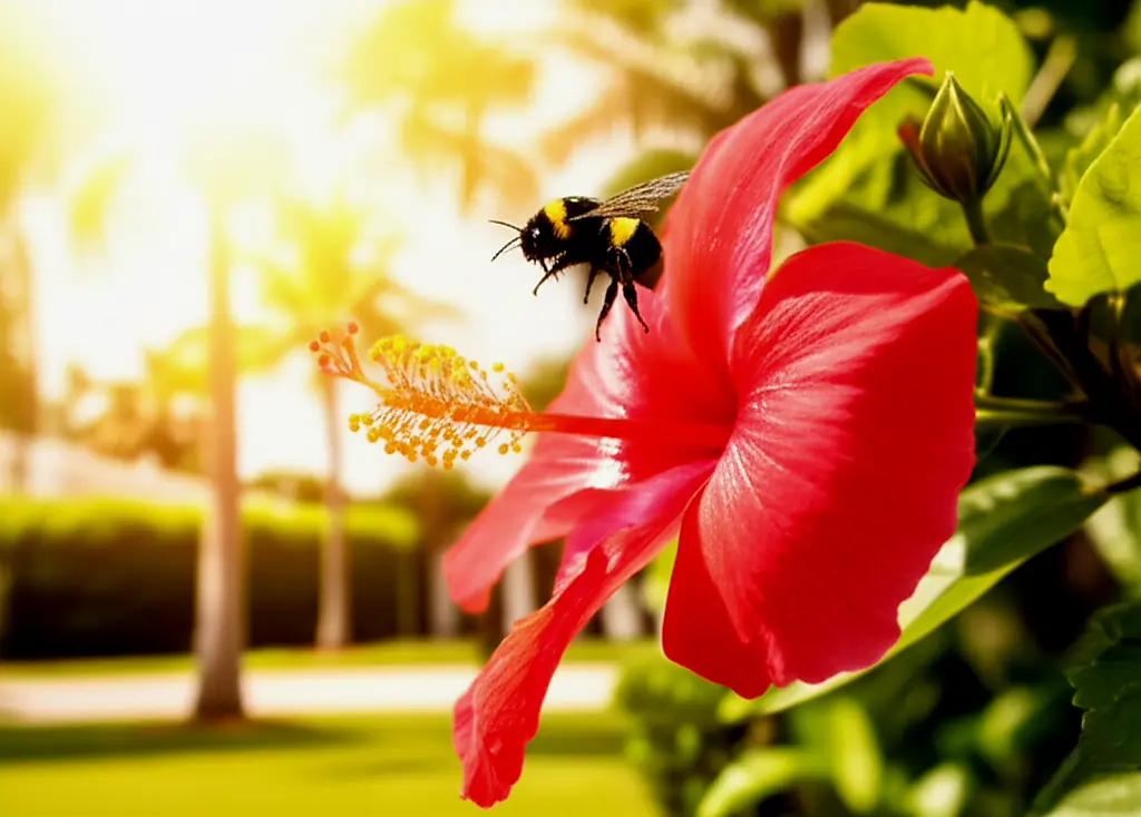 A bumblebee approaching a vibrant red hibiscus in a flourishing, pesticide-free garden, showcasing Purity Landscaping's eco-friendly services