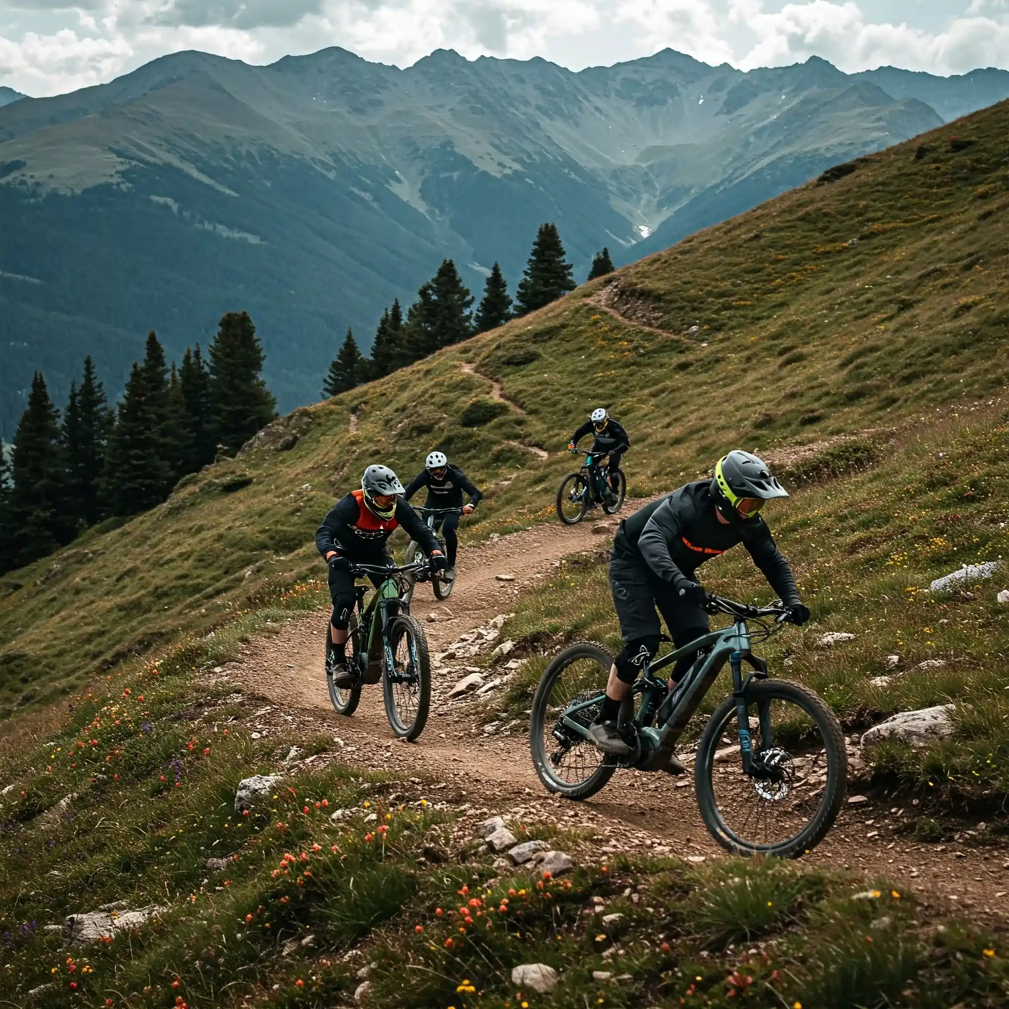 A group of riders on their Voltify Ebikes coming down off the top of a mountain trail on a foggy grey morning in British Columbia Canada