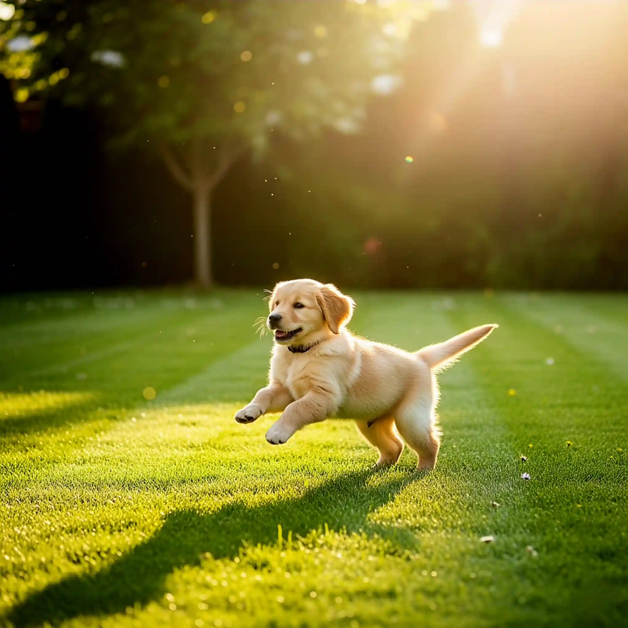 A happy golden retriever puppy playing on a lush, healthy, pesticide-free lawn, showcasing Purity Landscaping's safe practices in Miami Florida