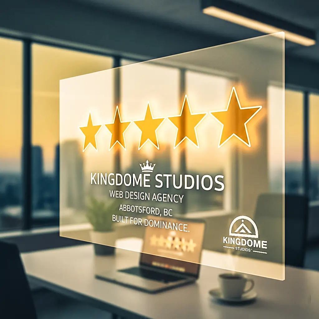 A modern office with a five star Google reviews glass award plaque and laptop symbolizing top rated digital excellence for web design agency in Abbotsford BC Kingdome Studios Reviews webpage