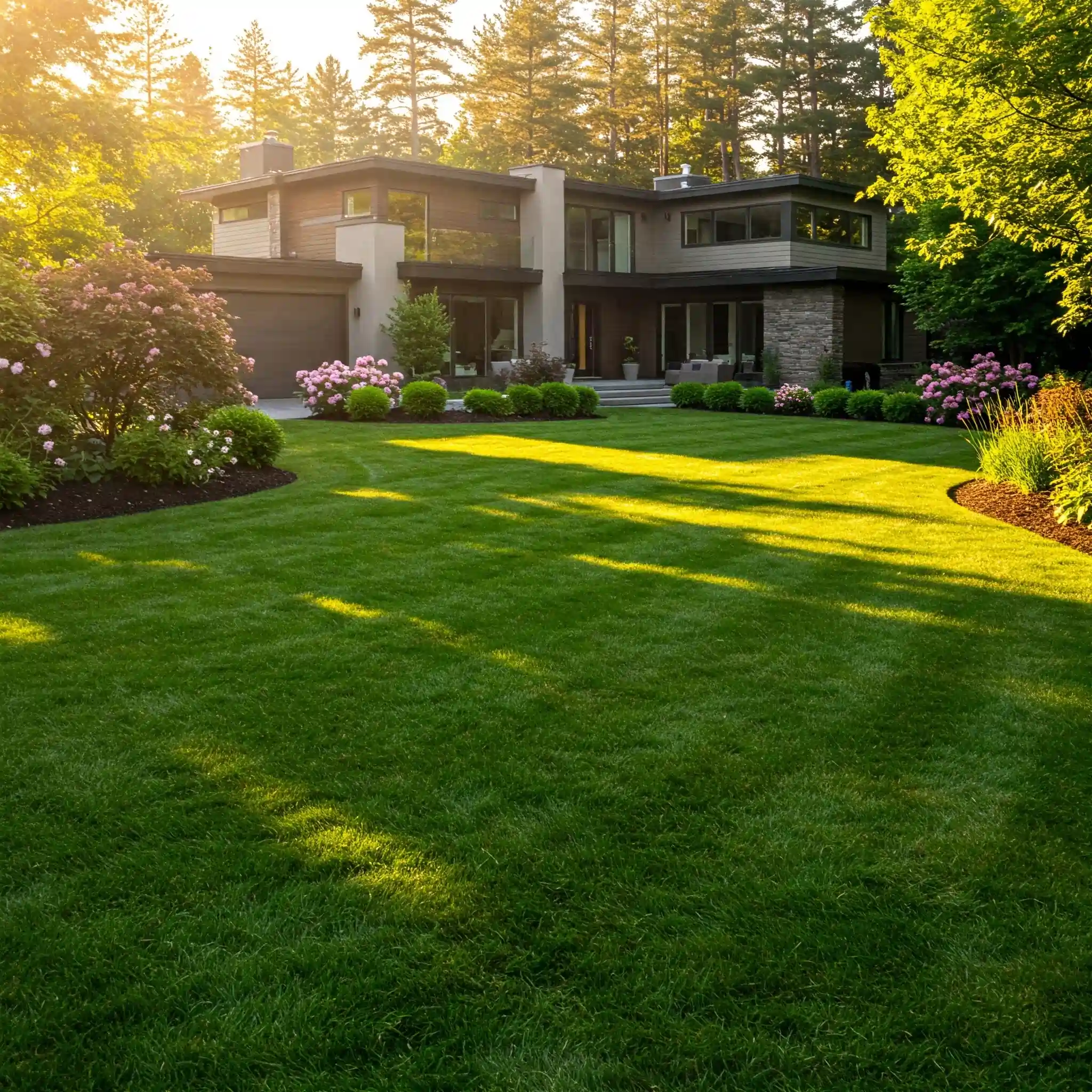 A pristine, expansive lawn and meticulously designed flower beds surrounding a modern luxury home in Miami Florida, showcasing Purity Landscaping's premium portfolio