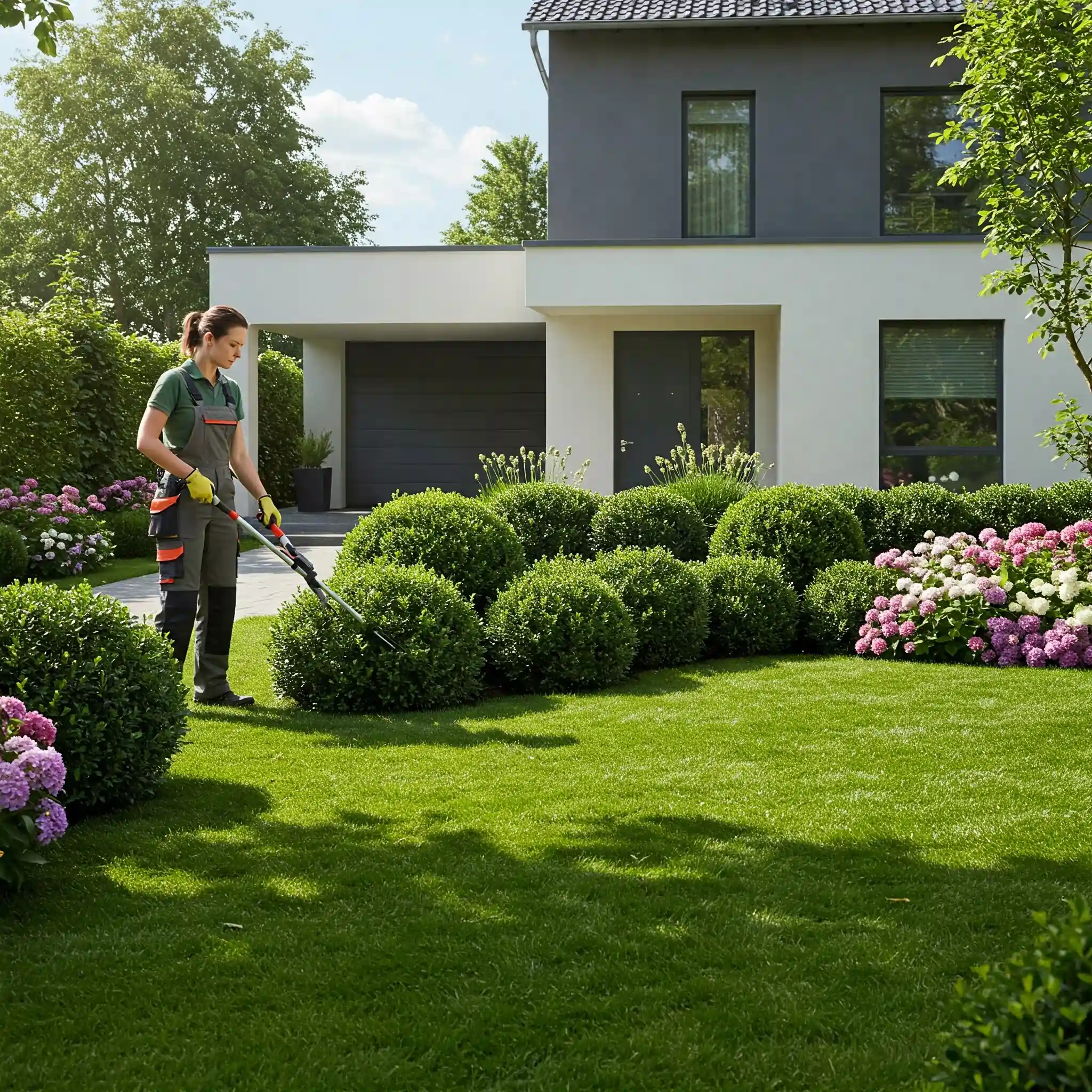 An attractive female landscaper pruning beuatifully sculptured hedges for the best in landscaping in Miami Beach Florida Purity Landscaping