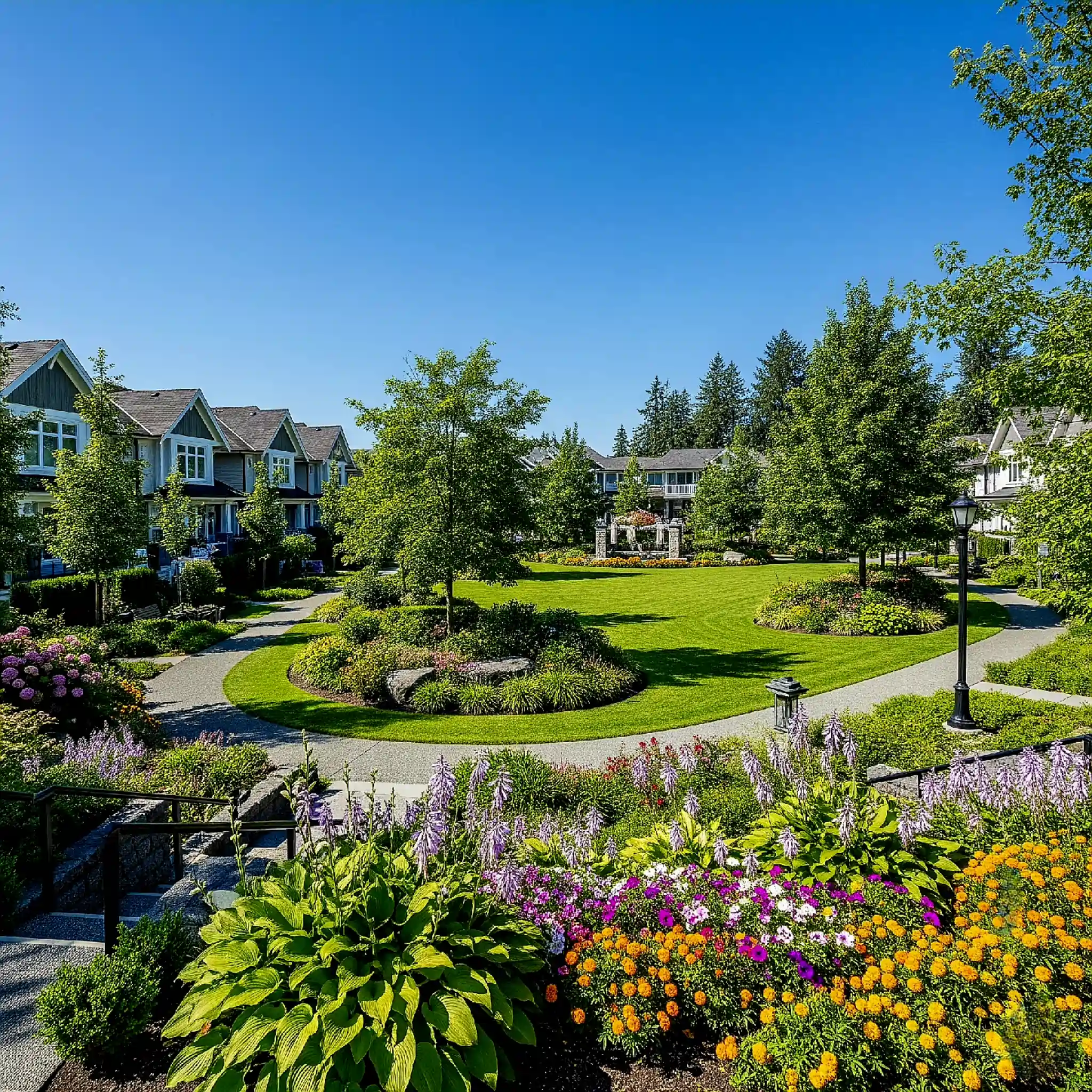 Beautifully designed community landscape in Miami Beach, Florida, featuring winding paths, vibrant flower beds, and lush lawns by Purity Landscaping