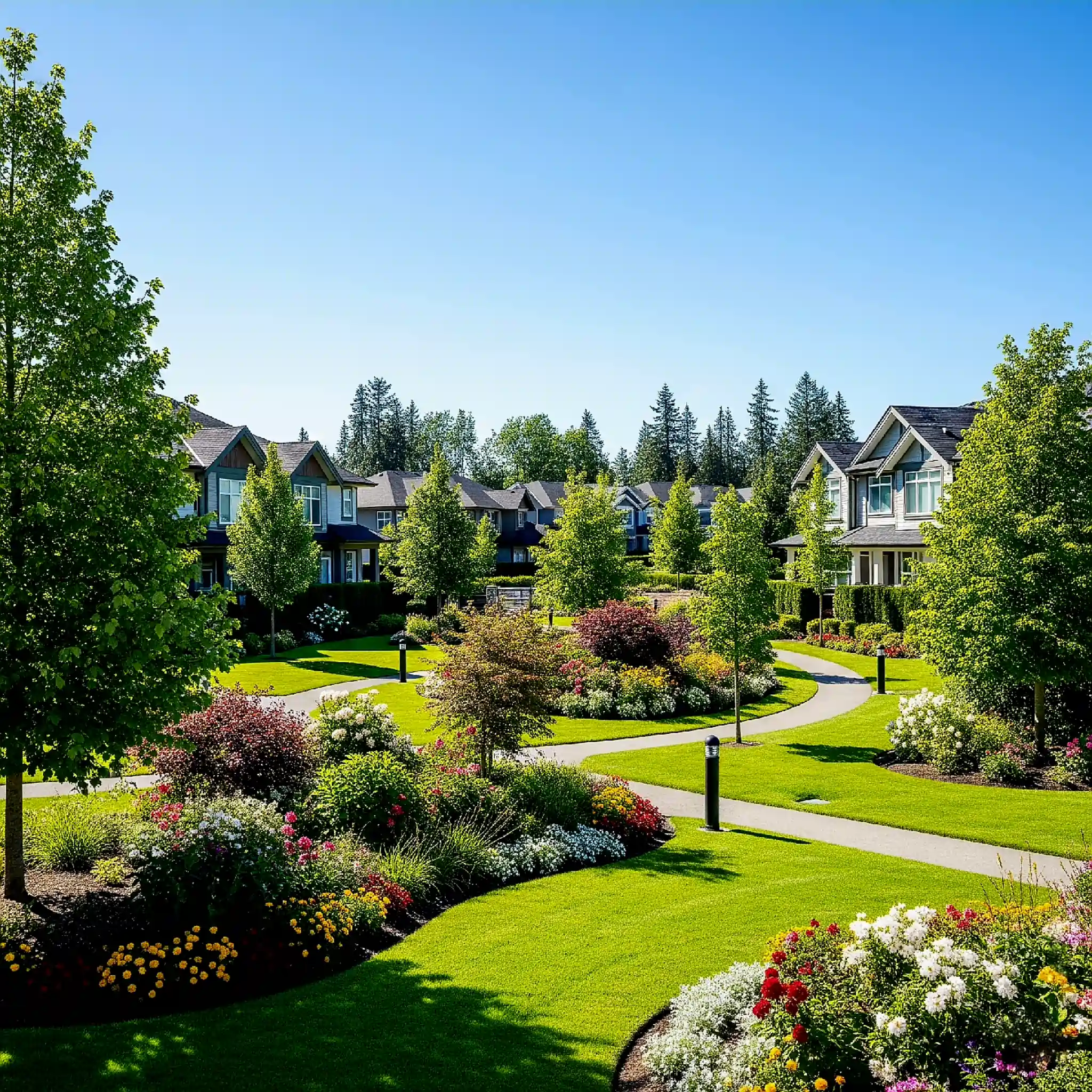 Expansive, meticulously landscaped Miami residential community, featuring winding pathways, vibrant flower beds, mature trees, and perfectly manicured lawns, showcasing Purity Landscaping
