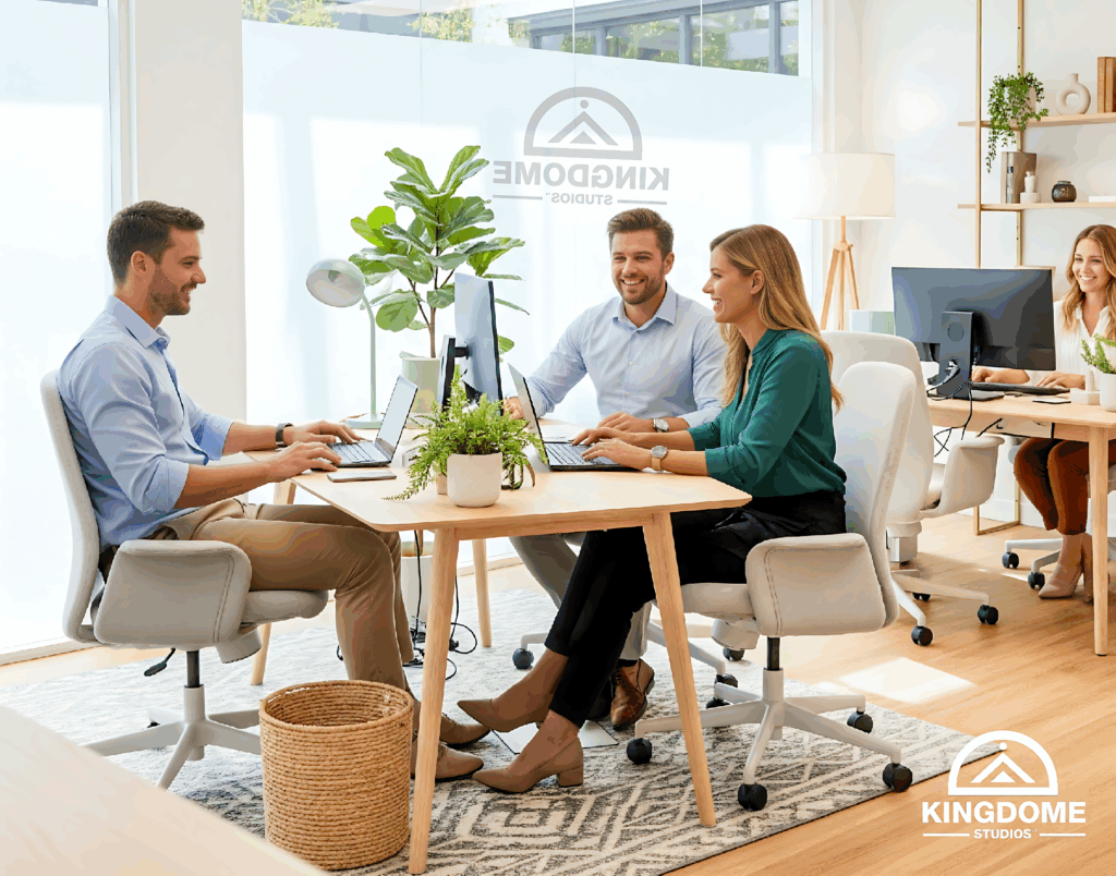 Full Service Web Design Company team meeting—Kingdome Studios designers and developers collaborating on a client’s custom website, SEO strategy, branding, and digital marketing projects