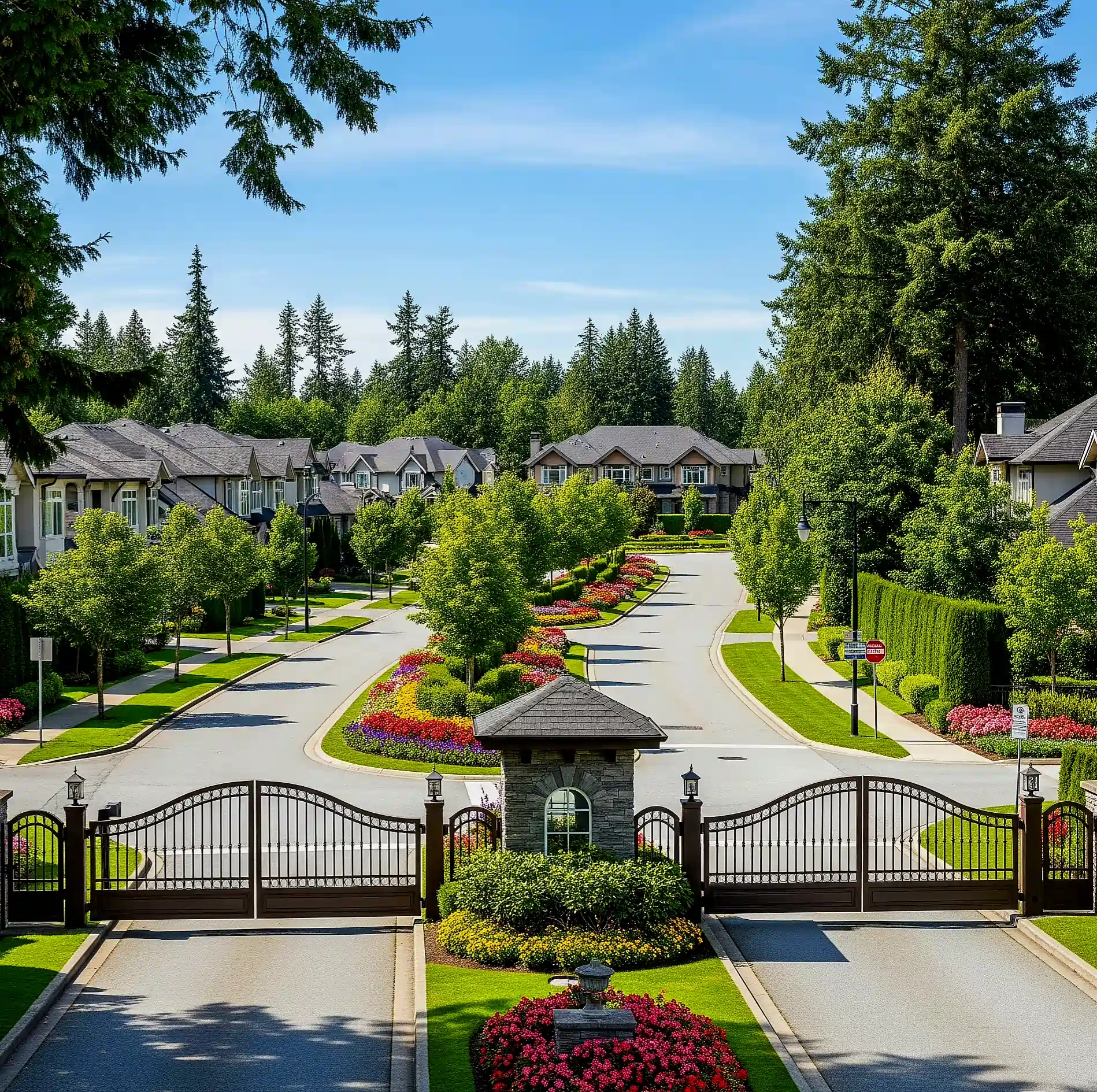 Gated luxury community entrance in Miami Beach, Florida, with grand landscaping, vibrant colorful flower beds, and mature trees by Purity Landscaping
