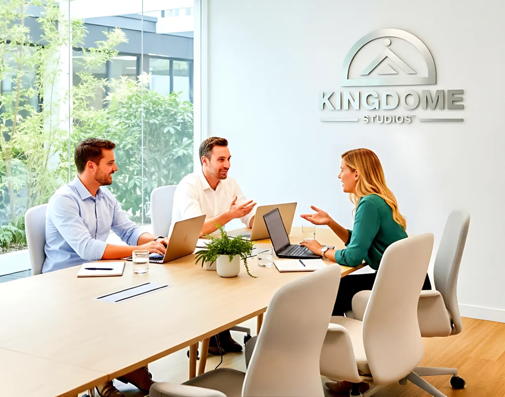 Kingdome Studios team meeting, showcasing the best web design agency's collaborative approach to innovative digital strategies and client partnerships in a modern, dynamic office setting