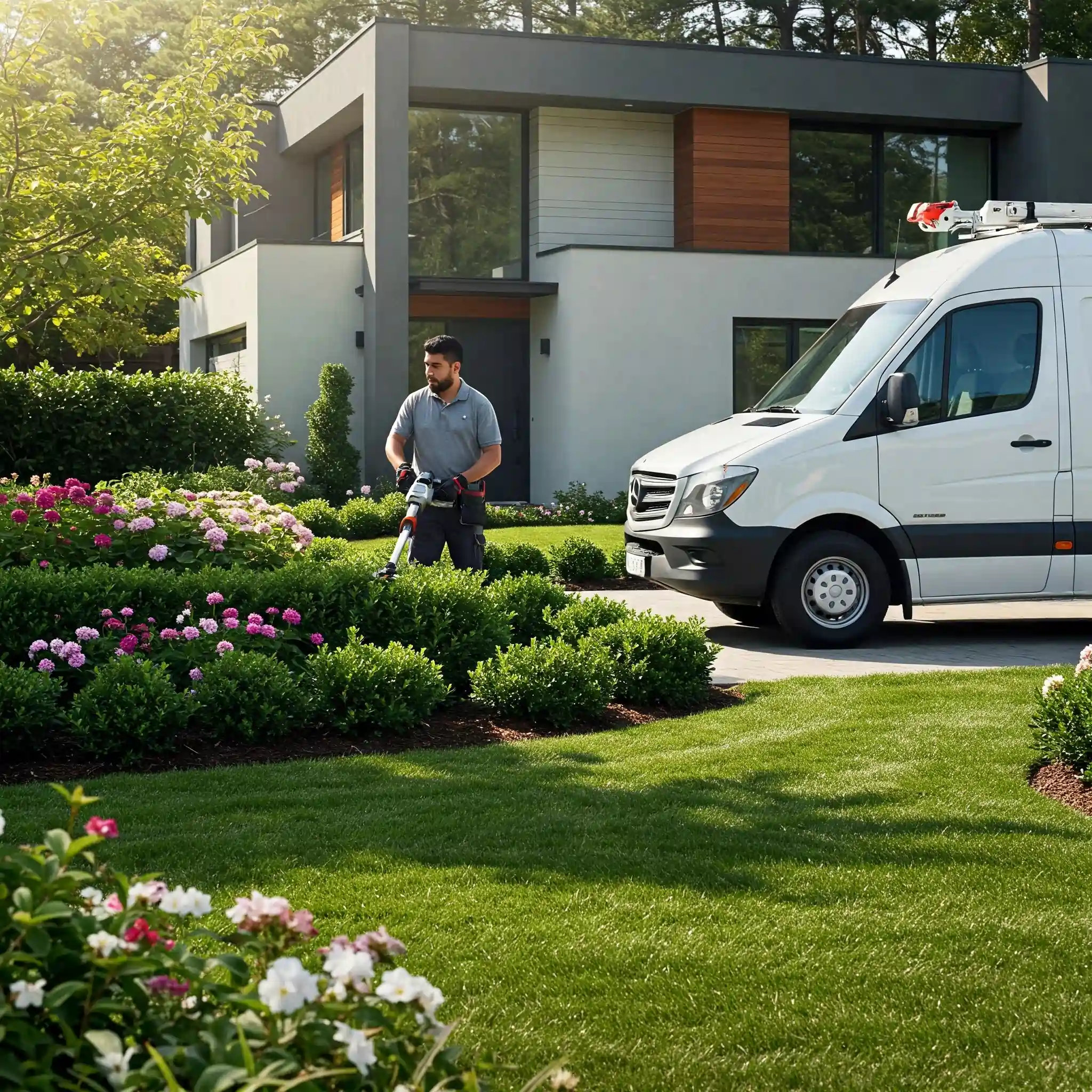 Landscaper mowing a lawnlawn of a modern home for the Best Landscaping Company in Florida Purity Landscaping