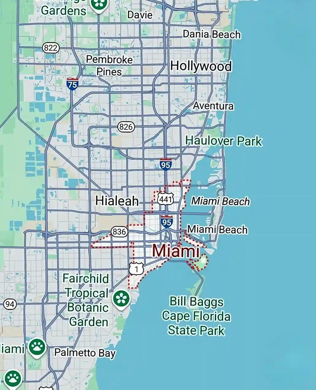 Map showing Purity Landscaping's service area across Miami, Florida, including Miami Beach, Hialeah, and surrounding communities. Contact us!
