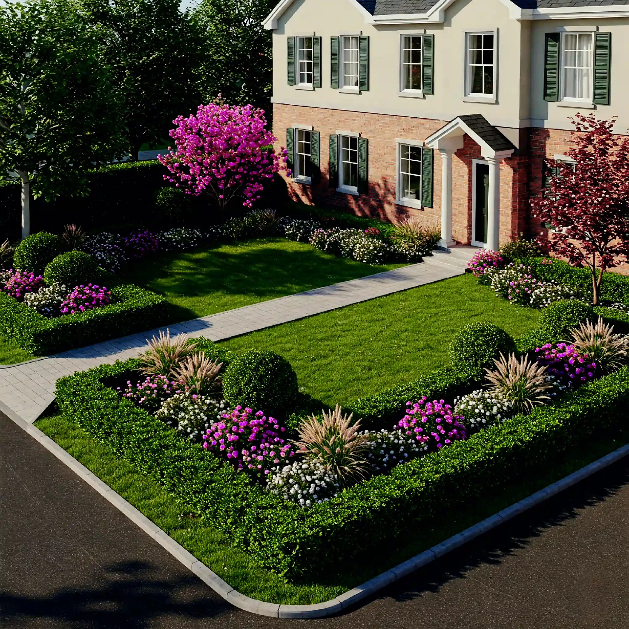 Professionally landscaped front yard of a Miami Beach home, featuring vibrant flower beds, manicured hedges, and a lush green lawn—a custom residential landscape design by Purity Landscaping