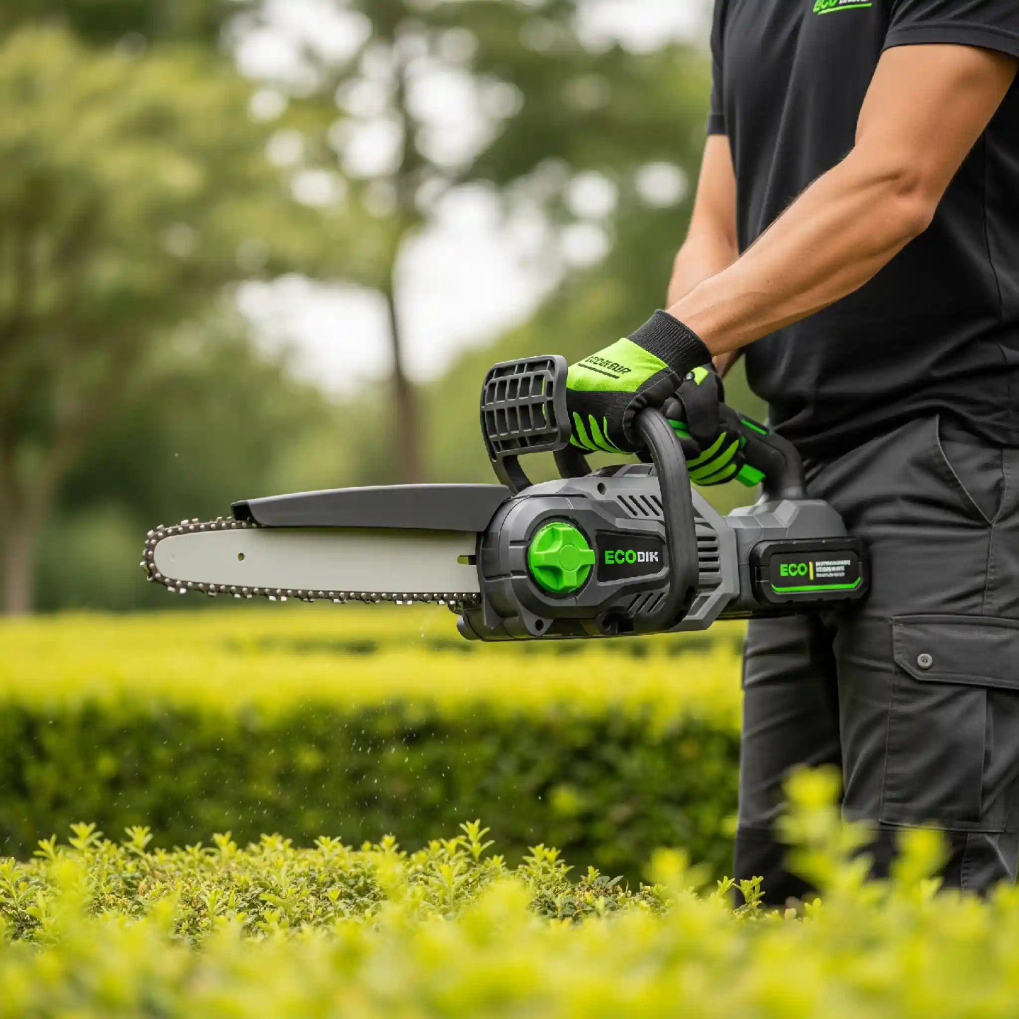 Purity Landscaping in Miami, Florida, uses this electric battery-powered chainsaw for quiet, eco-friendly tree and shrub trimming services