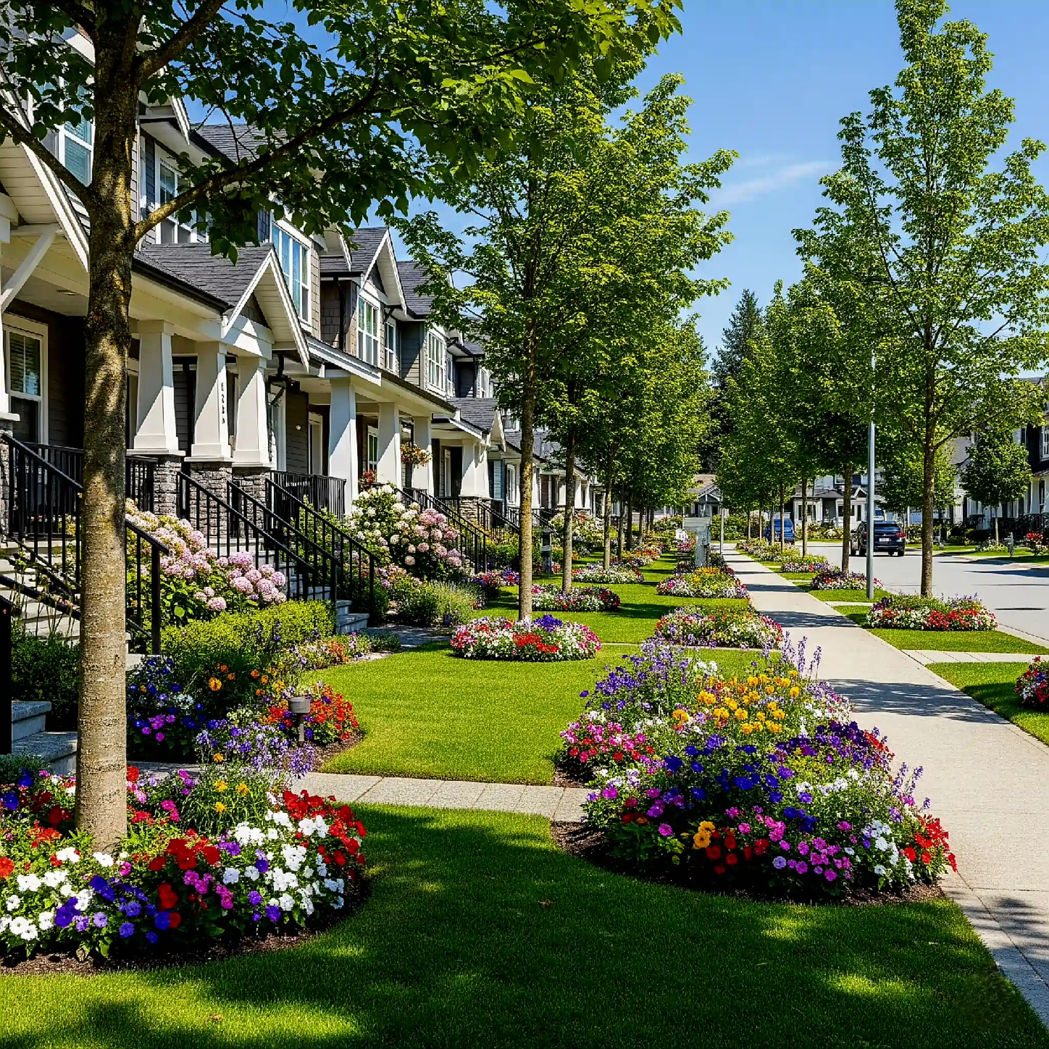 Residential street in Miami, Florida, with homes featuring vibrant front yard flower beds, lush lawns, and mature trees by Purity Landscaping