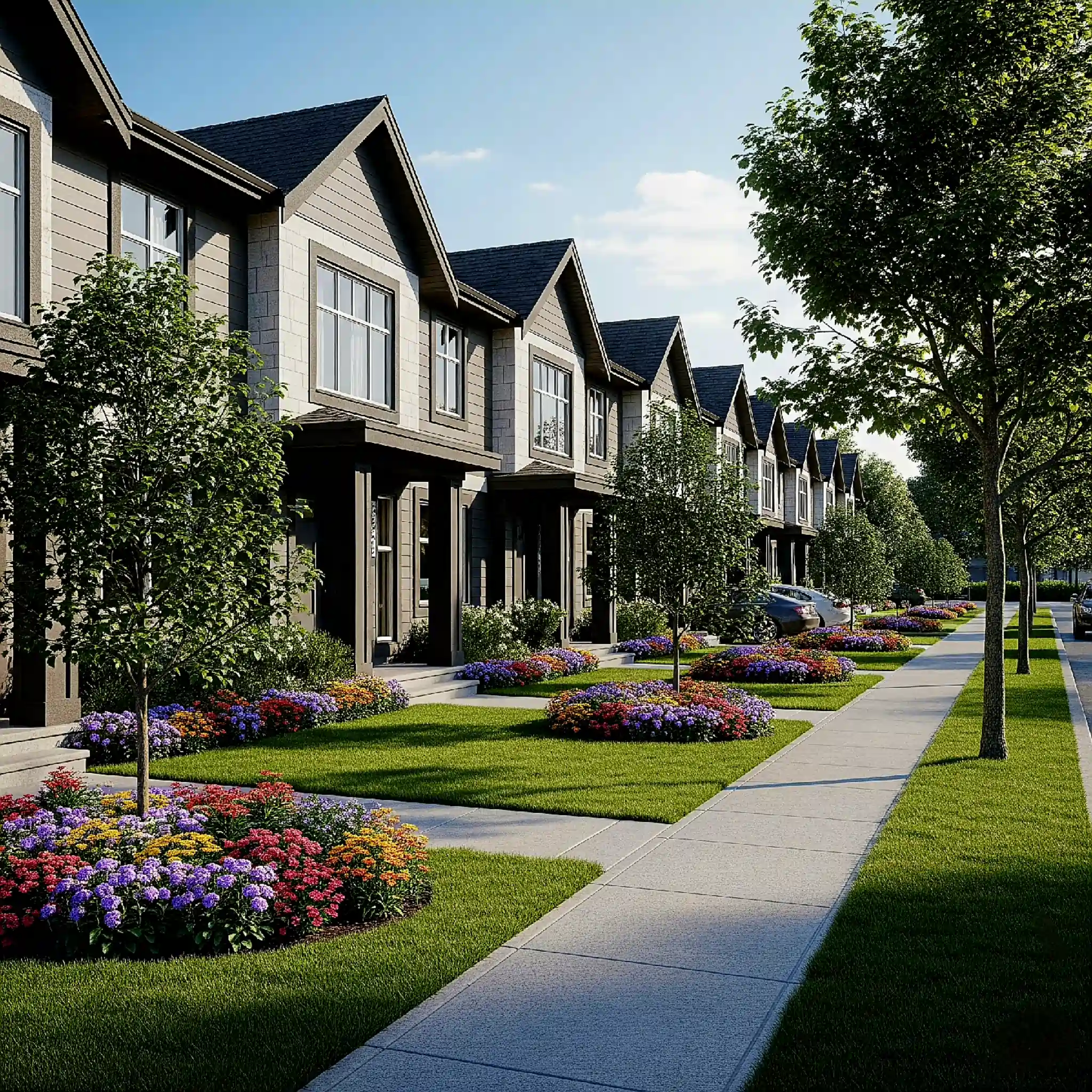 Row of modern townhouses in Miami Beach, Florida, featuring expertly designed front yard landscaping with vibrant colorful flower beds, lush green lawns, newly planted trees