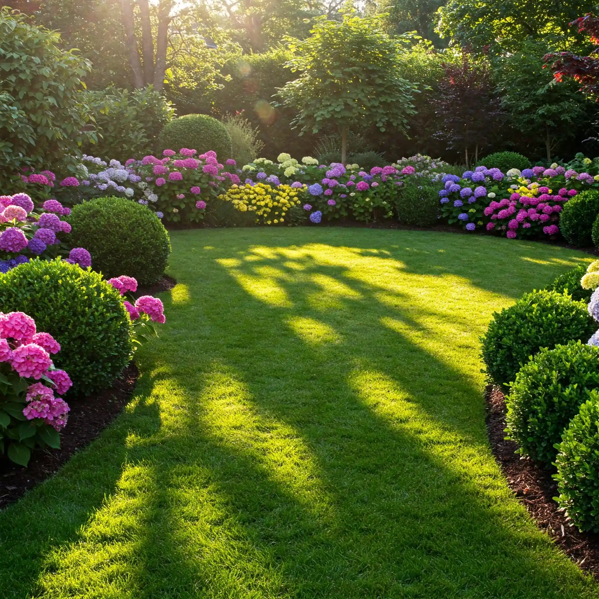 Vibrant Miami Beach garden with blooming hydrangeas, manicured hedges, and lush lawn, showcasing Purity Landscaping's exquisite portfolio