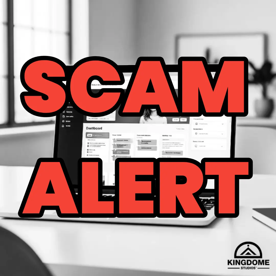 A Laptop with Scam Alert across the screen warning Abbotsford clients about scammy $149. website designers who target unsuspecting new businesses in the Fraser Valley