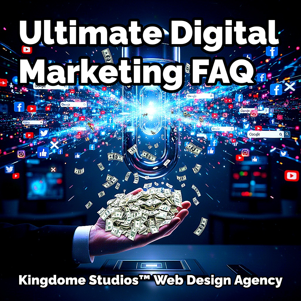 A digital marketing magnet attracts Google, Facebook, & social logos, symbolizing ROI as a hand catches money. From the Ultimate Digital Marketing FAQ