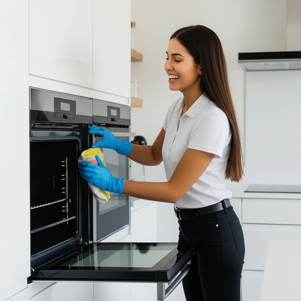 A-professional-cleaner-from-Maid-to-Clean-smiling-while-cleaning-a-modern-kitchen-in-Vancouver BC