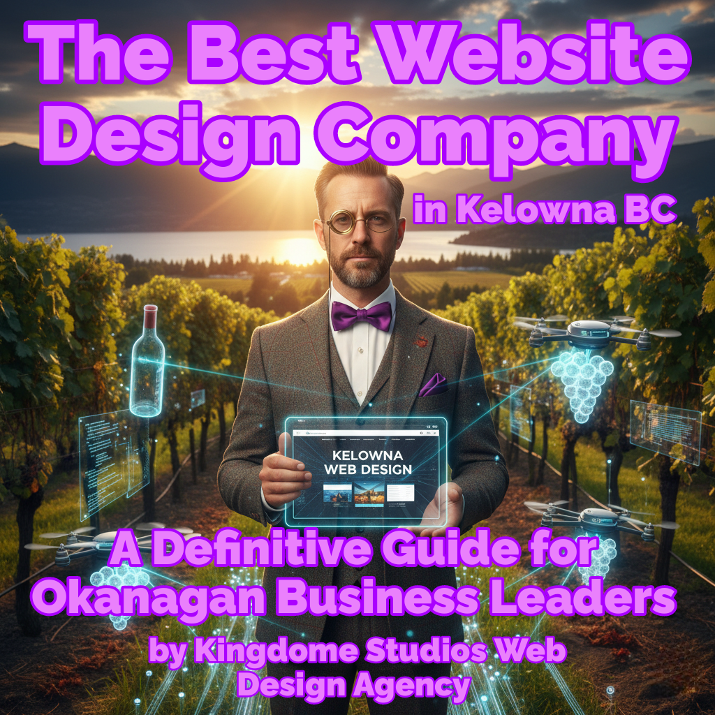 Best website design company in Kelowna Professional man in vineyard with futuristic holographic drones and wine imagery. Represents cutting-edge digital solutions
