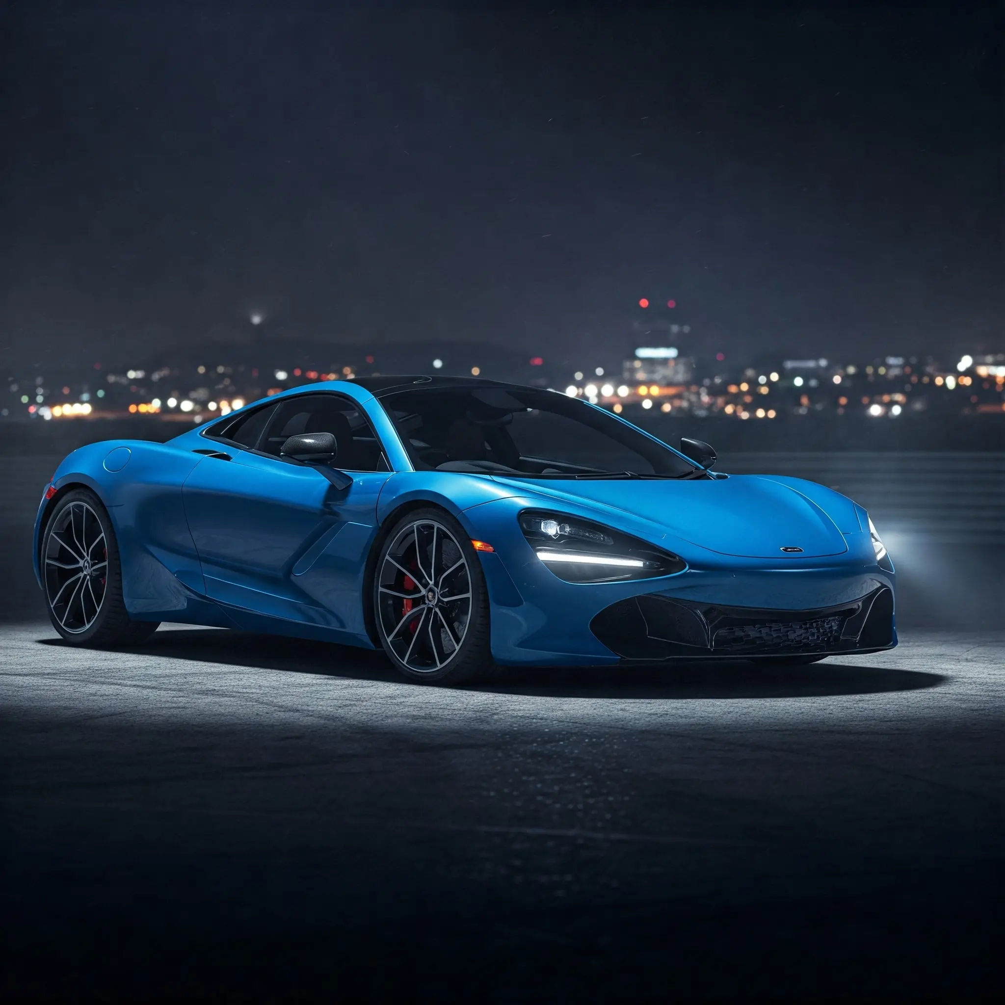 Blue McLaren 720S high-performance exotic car at night, representing Elite Exotics Car Club's collection of elite supercars for thrilling evening drives. Experience speed