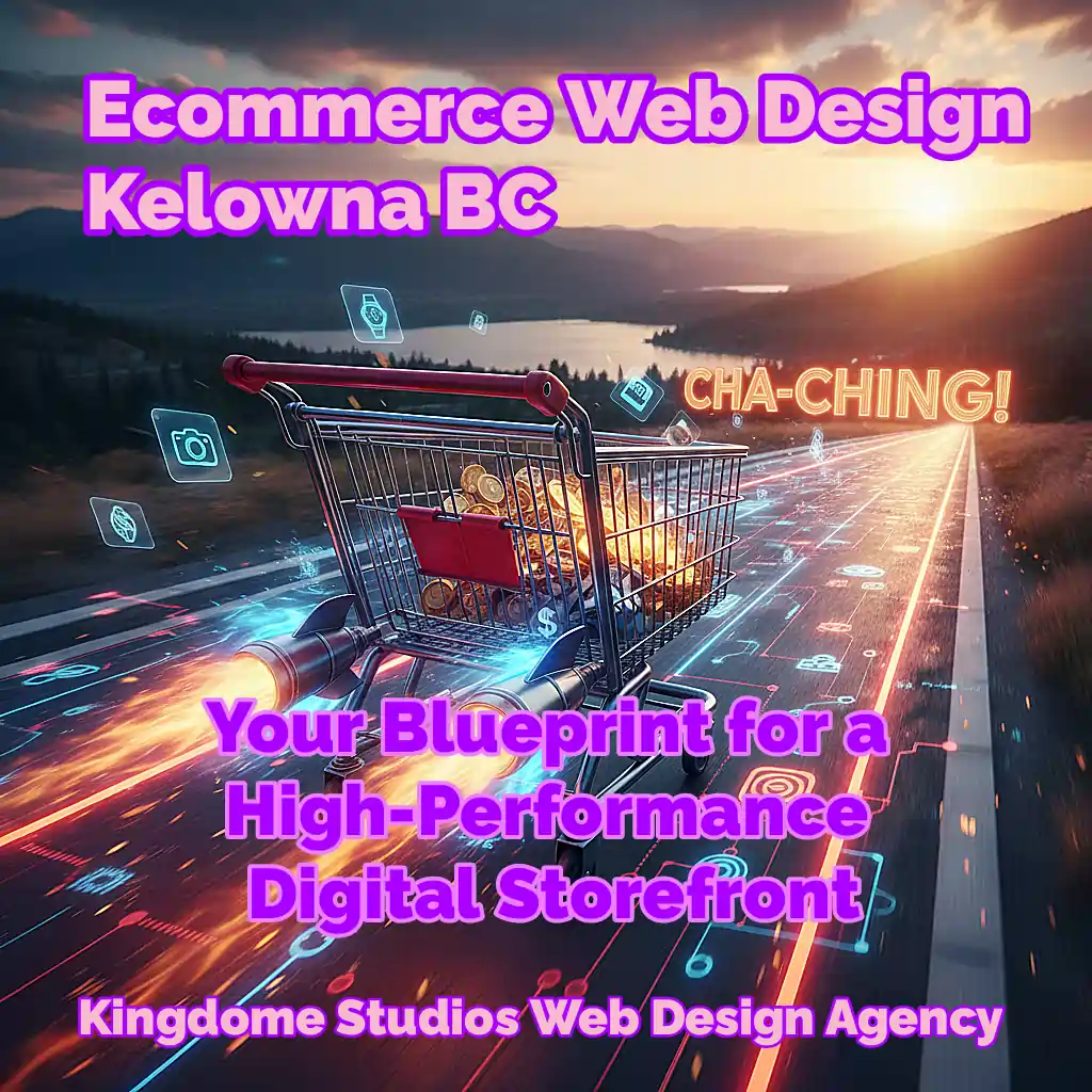 E-commerce Web Design Kelowna Rocket-powered shopping cart on a digital highway at sunset, full of coins & icons, shouts 'CHA-CHING!' for a high-performance digital storefront
