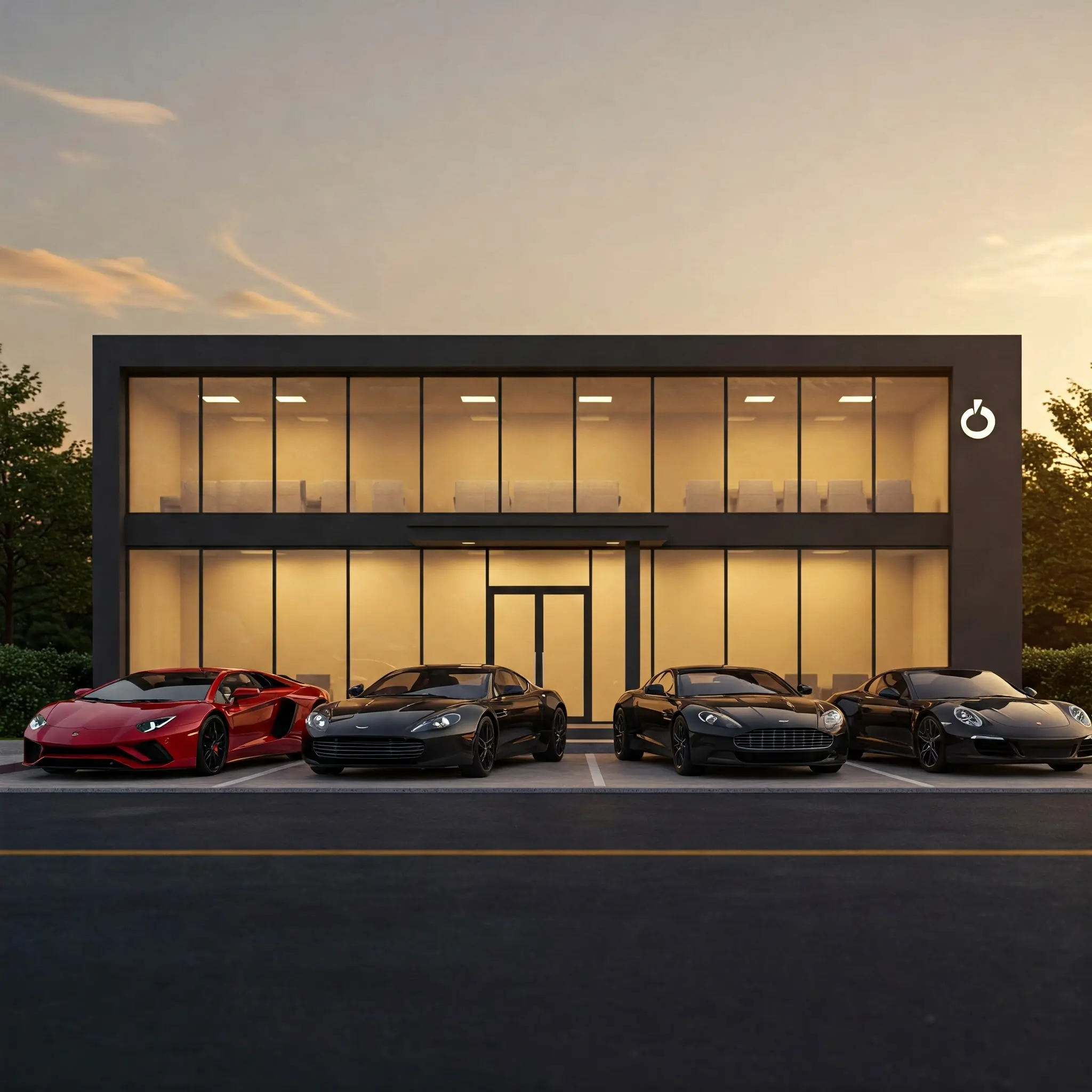 Elite Exotics Car Club building exterior with parked luxury supercars Lamborghini, Aston Martin, Porsche. Premier exotic car club experience