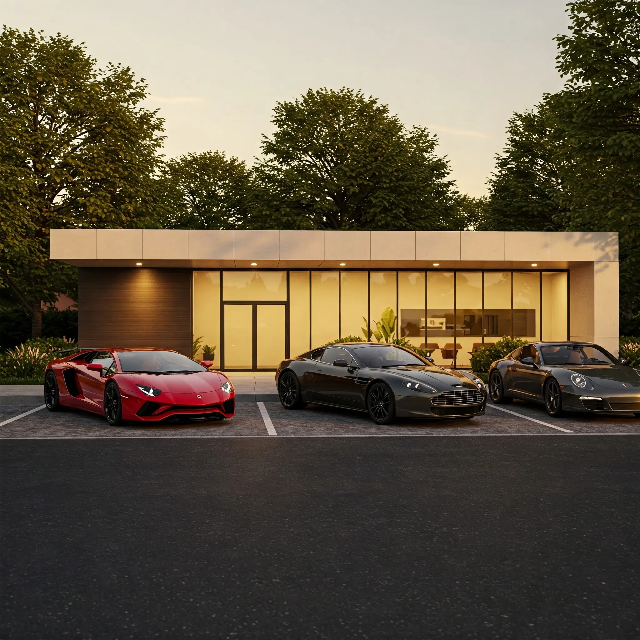 Elite Exotics Car Club facility. A red Lamborghini, dark grey Aston Martin, and dark grey Porsche parked outside a modern, glass-front building. Showcasing exclusive vehicle access and club prestige