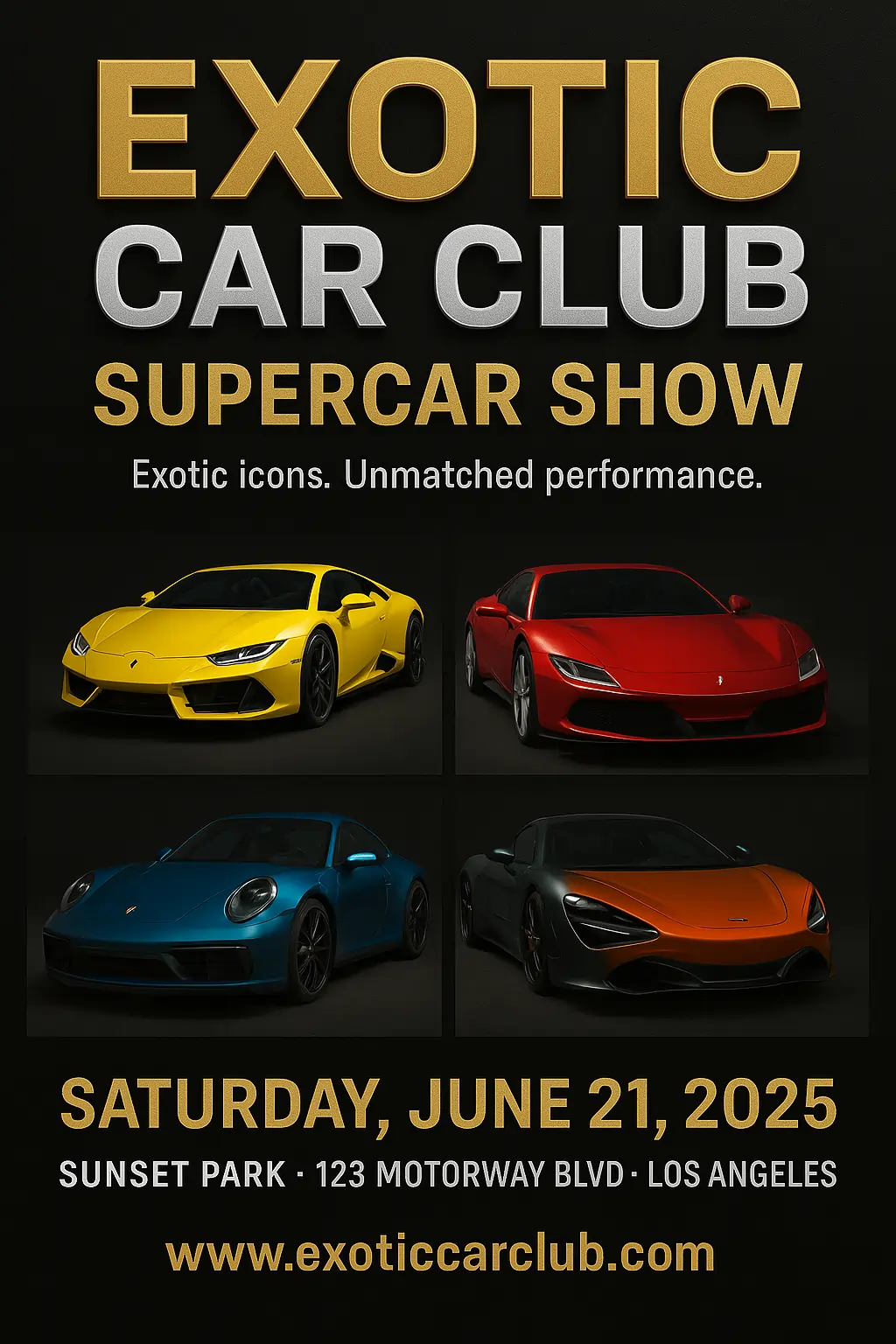 Exotic Car Club Supercar Show flyer. Featuring yellow Lamborghini, red Ferrari, blue Porsche, and orange McLaren supercars. Event date Saturday, June 21, 2025, at Sunset Park, Los Angeles