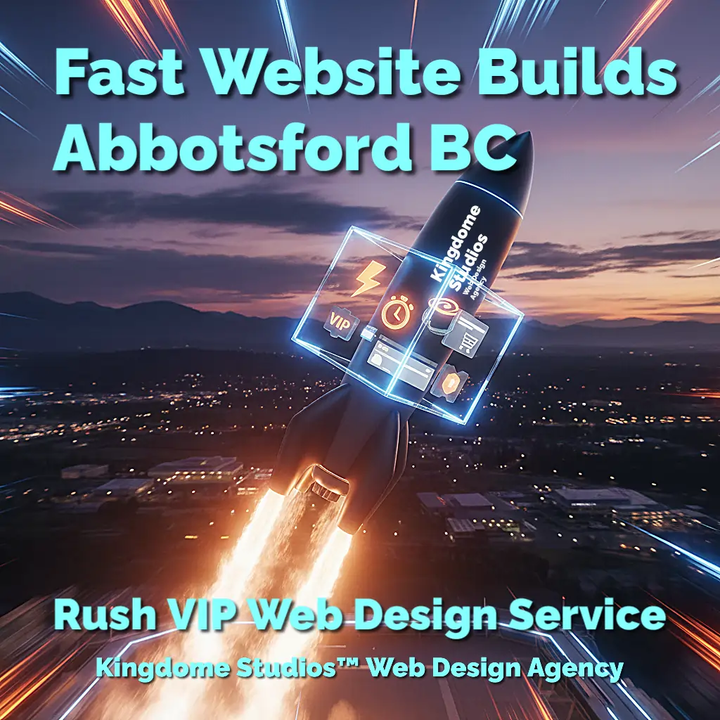 Fast Website Builds Abbotsford Rocket with VIP web icons launching over a city at dusk, representing rush web design service and rapid digital deployment