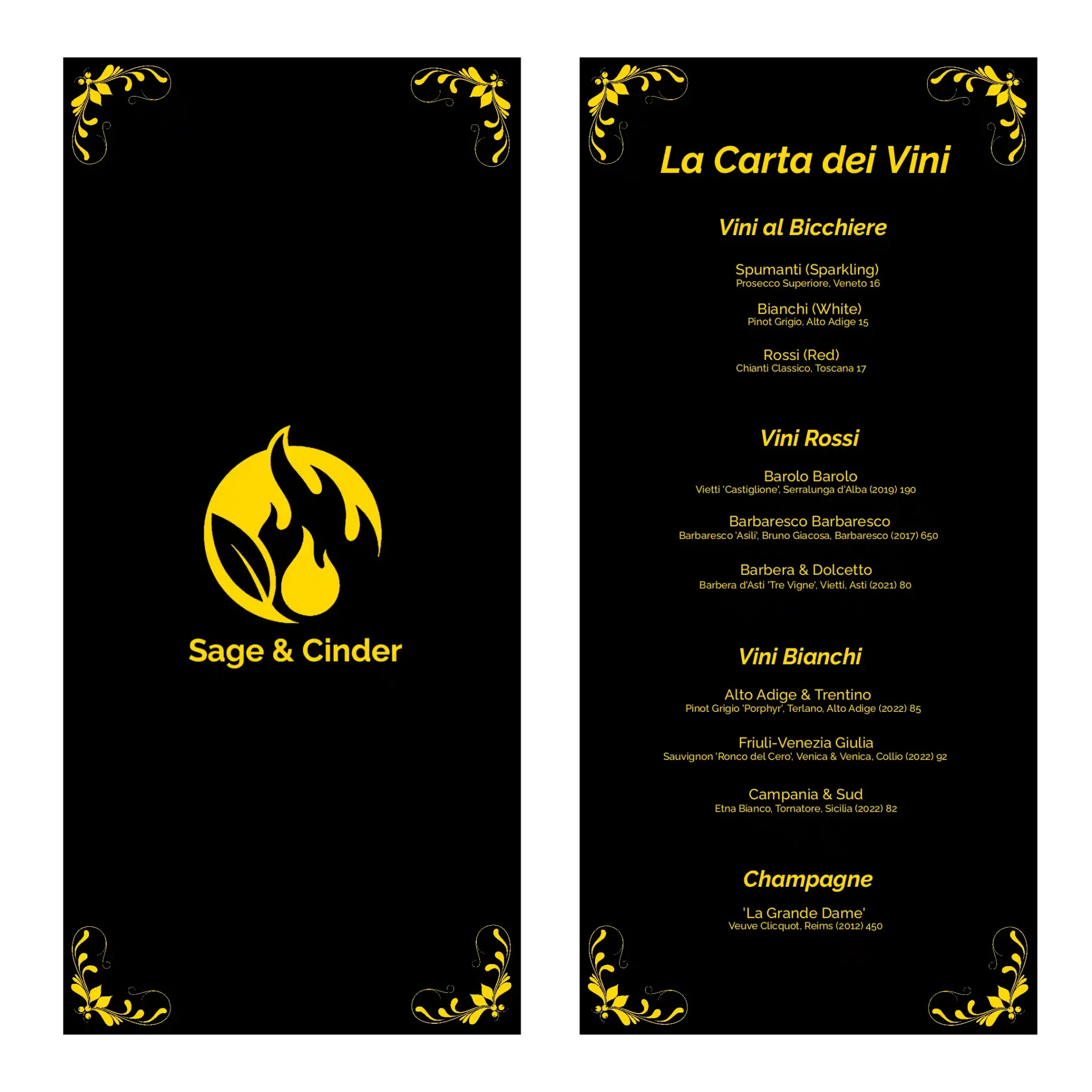 Fine Dining Restaurant Vancouver wine list Sage & Cinder's 'La Carta dei Vini' featuring Italian Barolo, Barbaresco, Pinot Grigio, Prosecco, and Veuve Clicquot Champagne