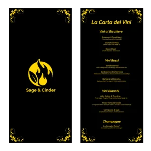 Fine Dining Restaurant Vancouver wine list Sage & Cinder's 'La Carta dei Vini' featuring Italian Barolo, Barbaresco, Pinot Grigio, Prosecco, and Veuve Clicquot Champagne