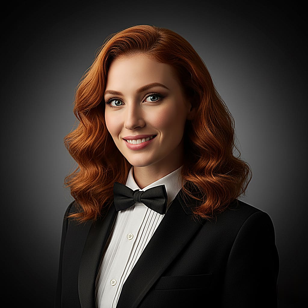Giulia Moretti, Maitre d’ from Florence. Headshot of elegant redhead orchestrating dining room, expertly pairing dishes & wines for enhanced culinary journeys.