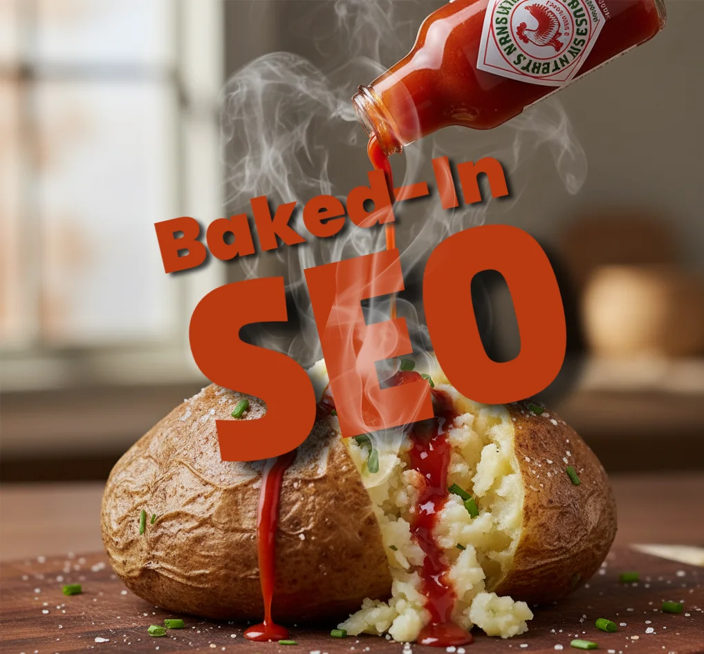 Hot, steaming baked potato with Baked-In SEO text pouring into it like sauce from a bottle, symbolizing integrated SEO for website design by KingdomeStudios.com