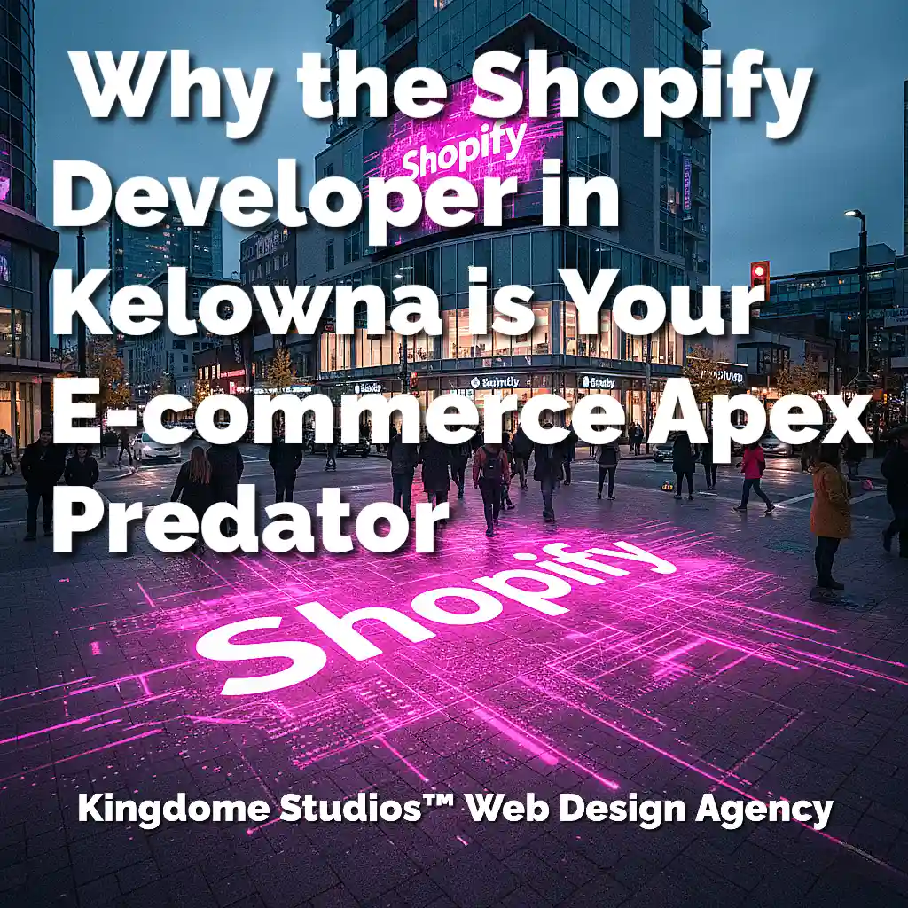 Kelowna Shopify Developer E-commerce Apex Predator promo. Downtown Kelowna at night with neon Shopify signs and Kingdome Studios logo