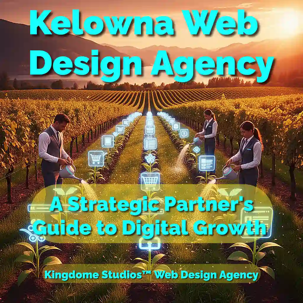 Kelowna Web Design Agency Digital gardeners tending to glowing website elements in a vibrant Okanagan vineyard at orange sunset, symbolizing expert care and strategic digital growth