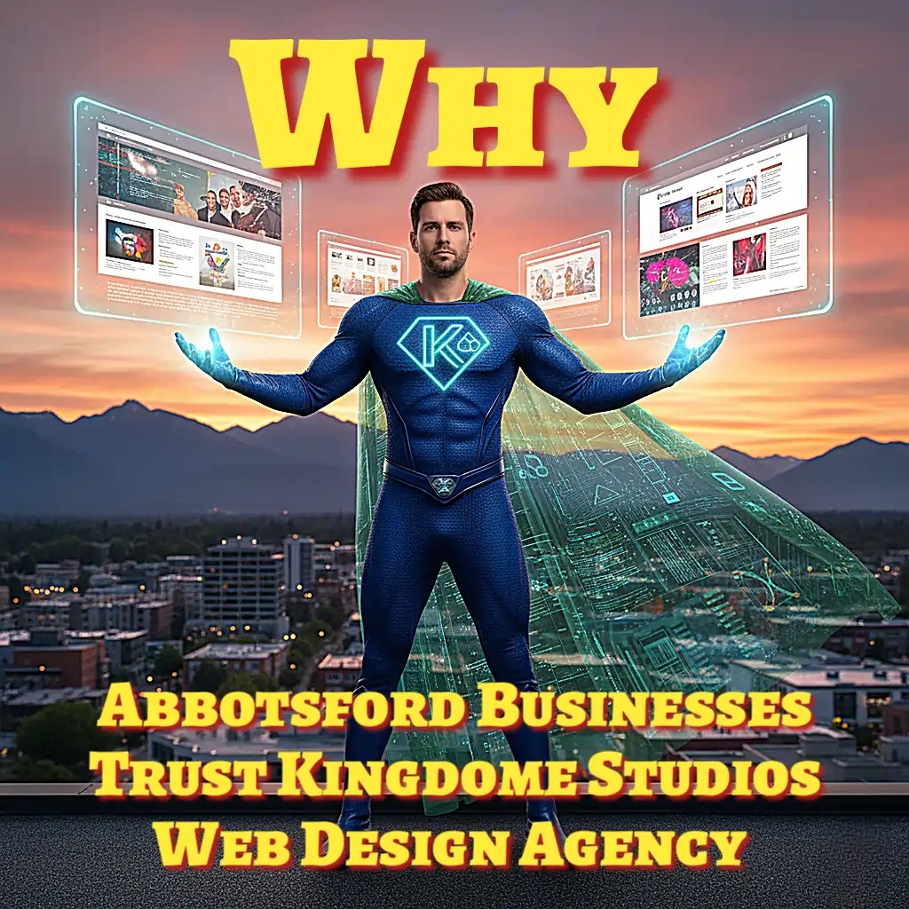 Kingdome Studios, Abbotsford's trusted web design company. Our local superhero developer symbolizes the powerful, expert web solutions we build for Abbotsford businesses