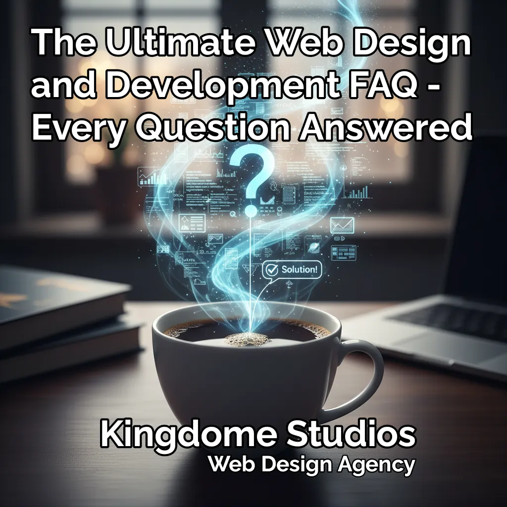 Kingdome Studios Ultimate Web Design and Development FAQ. A coffee cup with glowing code symbolizes every complex web design question being answered with clarity and expertise