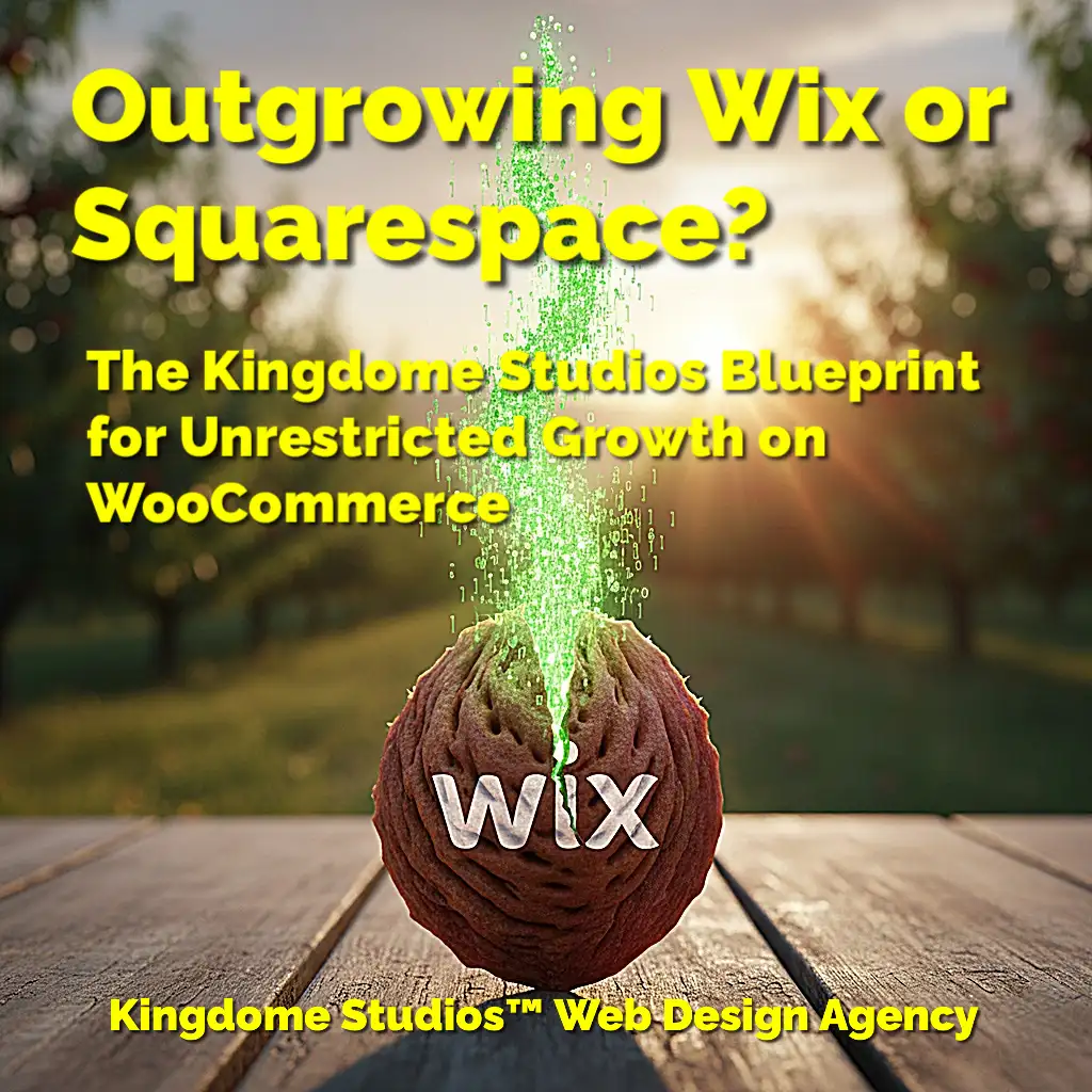Kingdome Studios' blueprint for unrestricted e-commerce growth, transitioning from WixSquarespace to WooCommerce, featuring a visual metaphor of outgrowing basic platforms