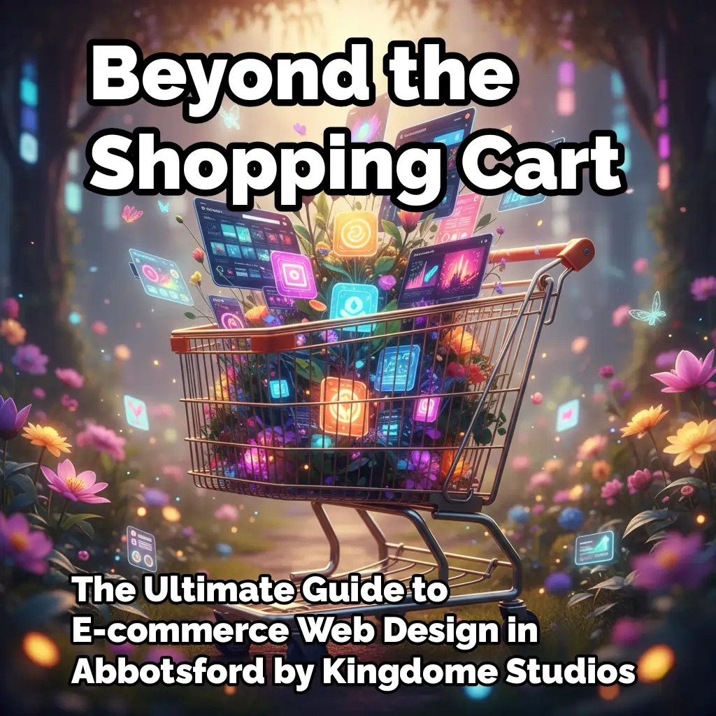 Kingdome Studios' guide to Abbotsford e-commerce web design. A shopping cart blooming with digital elements symbolizes a thriving and comprehensive online store