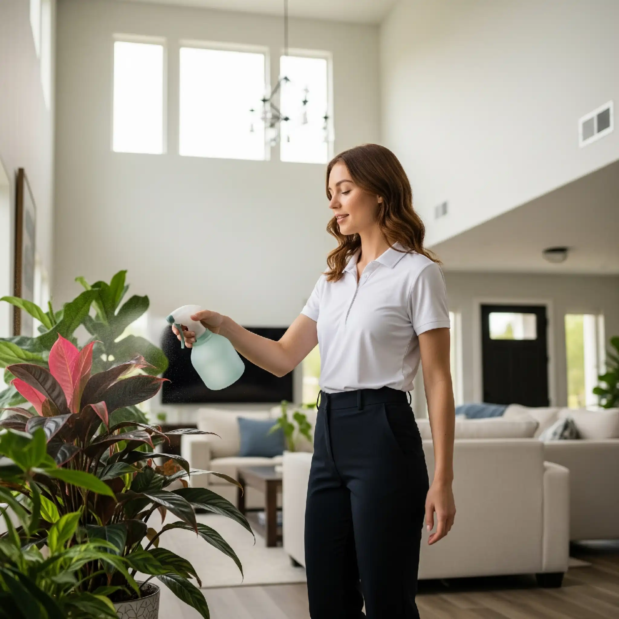 Maid to Clean Vancouver BC Professional house cleaner watering houseplants in a modern living room. Eco friendly residential cleaning services