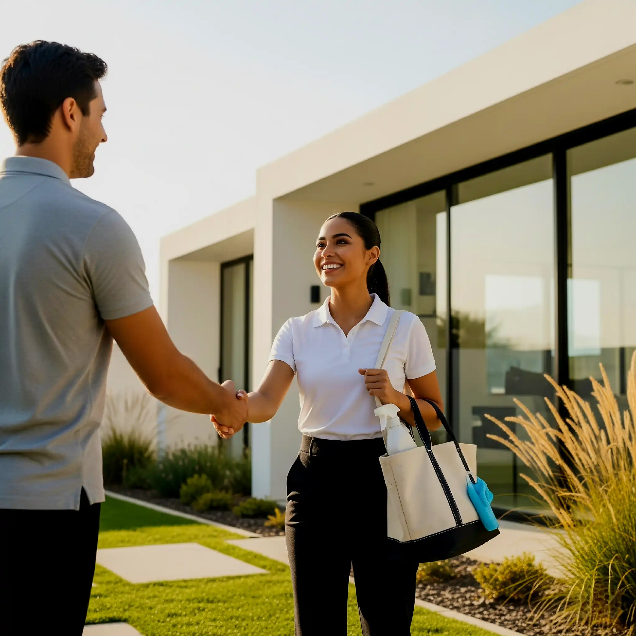 Maid to Clean Vancouver BC professional house cleaner shaking hands with client. Trusted residential cleaning services beginning at modern home