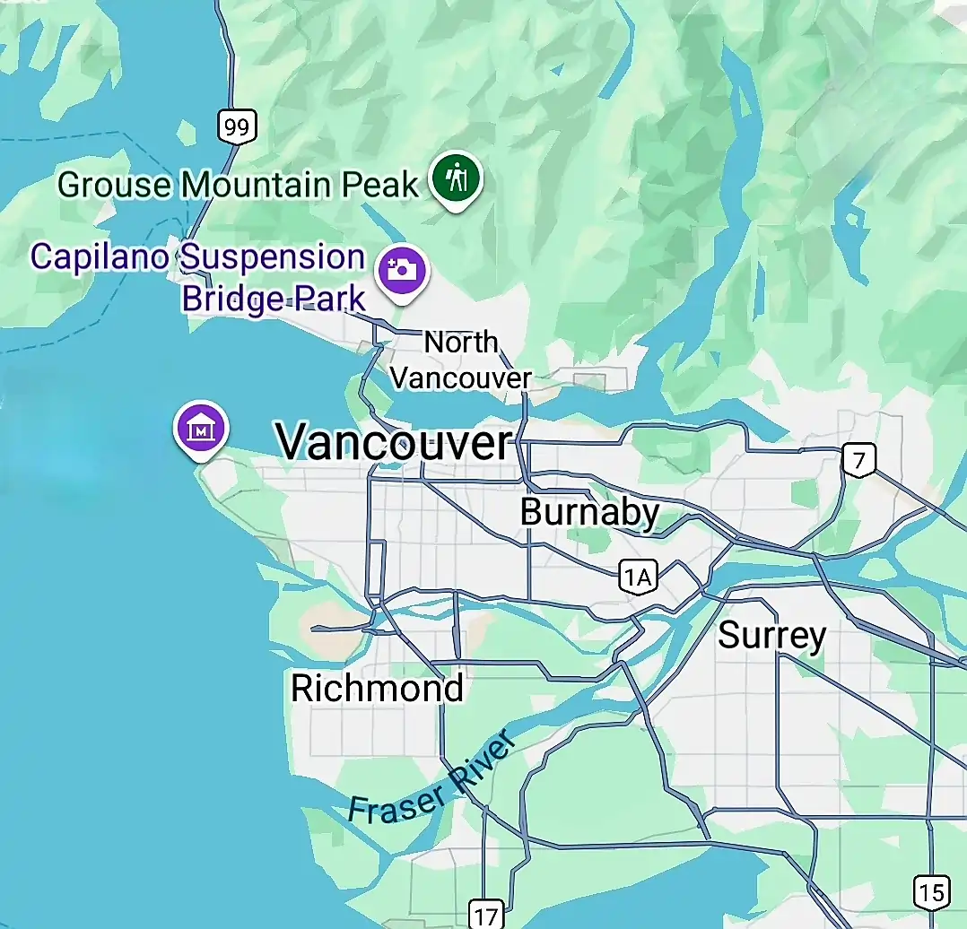 Maid to Clean Vancouver BC service area map, showing residential cleaning coverage in Vancouver, North Vancouver, Burnaby, Richmond, and Surrey