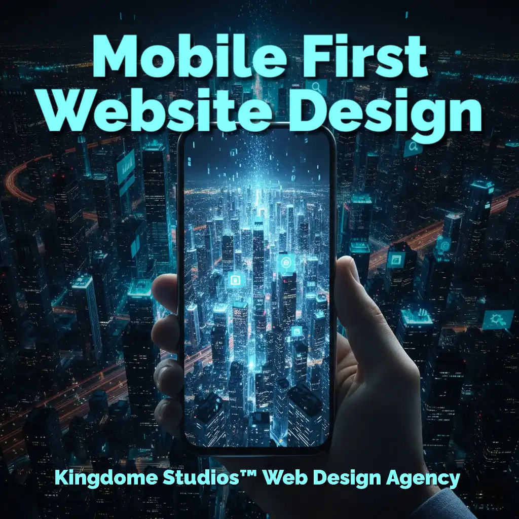 Mobile First Website Design. A hand holds a smartphone displaying a responsive, futuristic city, symbolizing optimal web design adapting from desktop to mobile. Kingdom Studios Web Design Agency