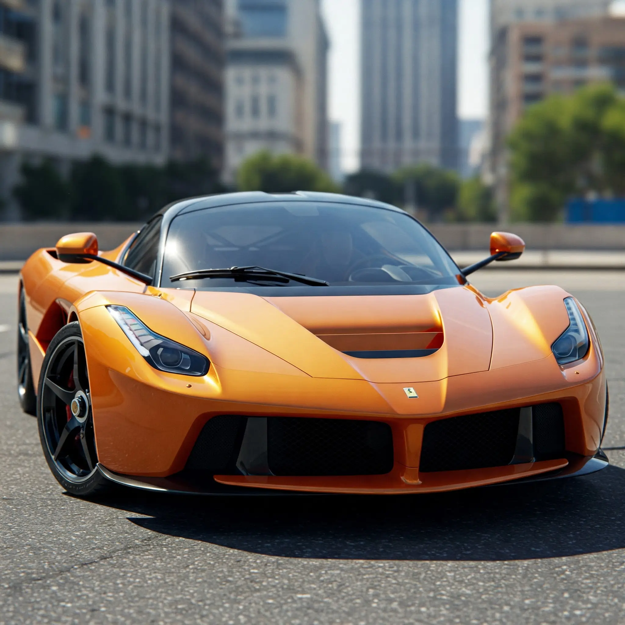 Orange Ferrari LaFerrari hypercar in urban setting, representing Elite Exotics Car Club's collection of rare and exclusive luxury vehicles. Experience unparalleled speed