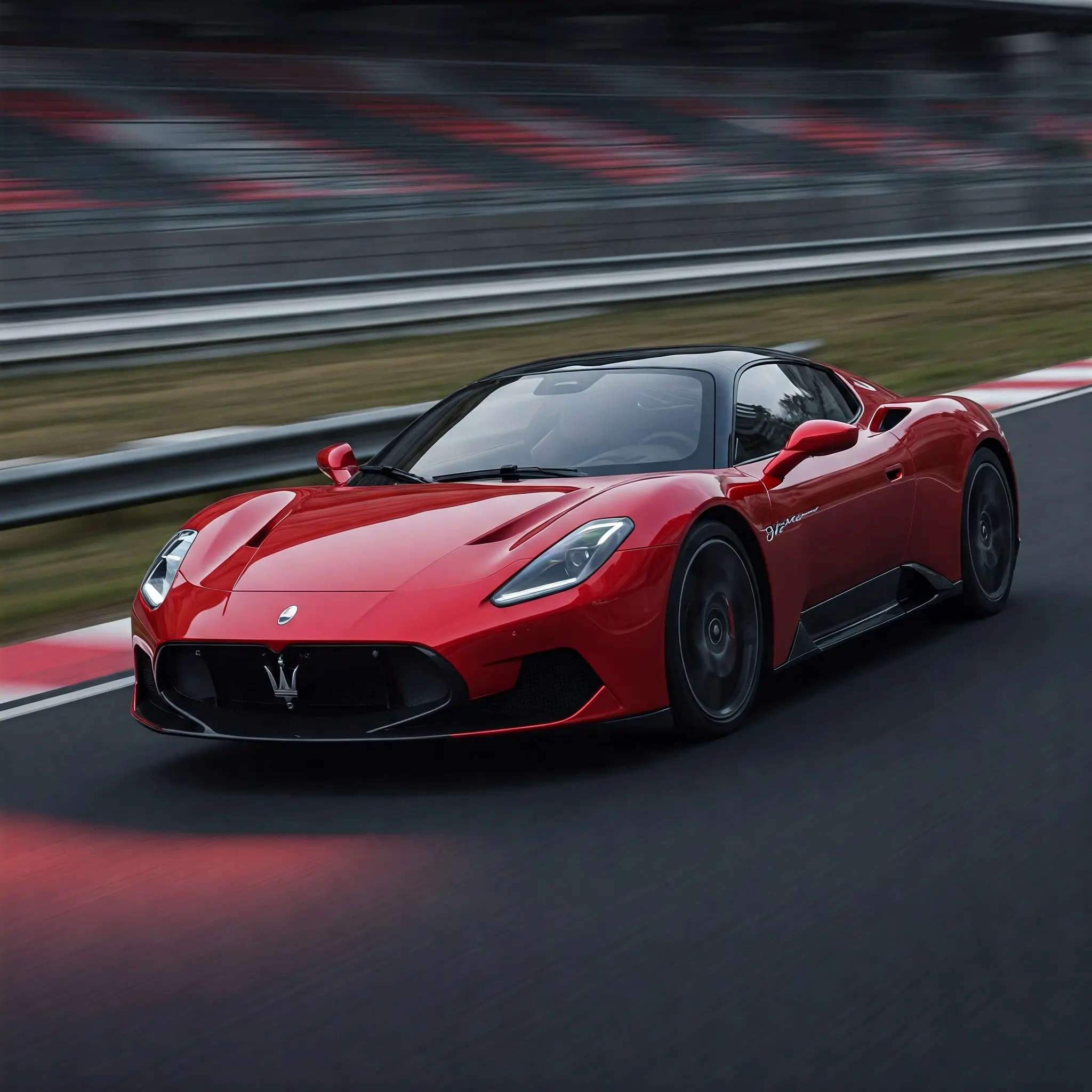 Red Maserati MC20 high-performance exotic car on a race track, demonstrating Elite Exotics Car Club's dedication to thrilling track days and luxury sports car driving. Experience speed