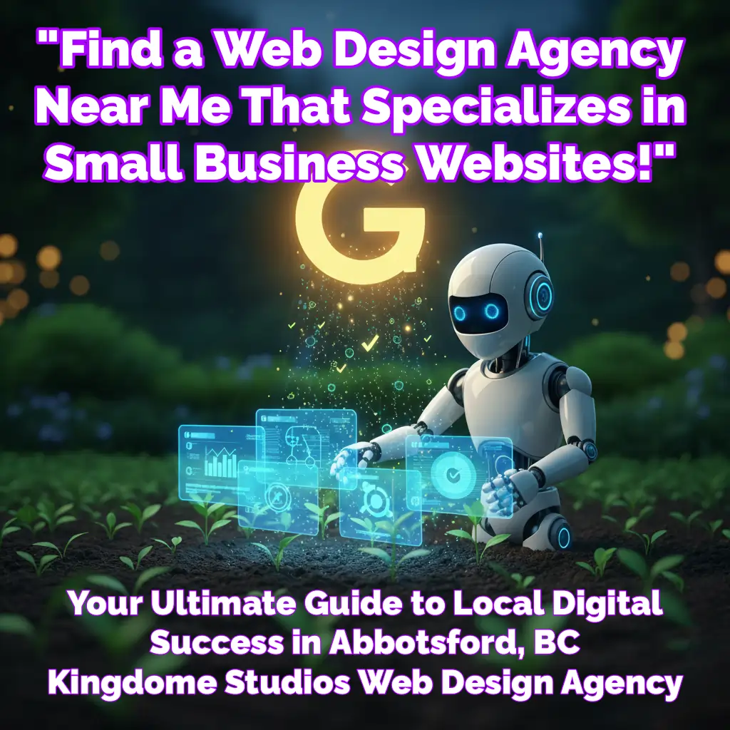 Robot optimizing small business websites for local digital success in Abbotsford, BC, under a glowing Google G, by Kingdome Studios Web Design Agency