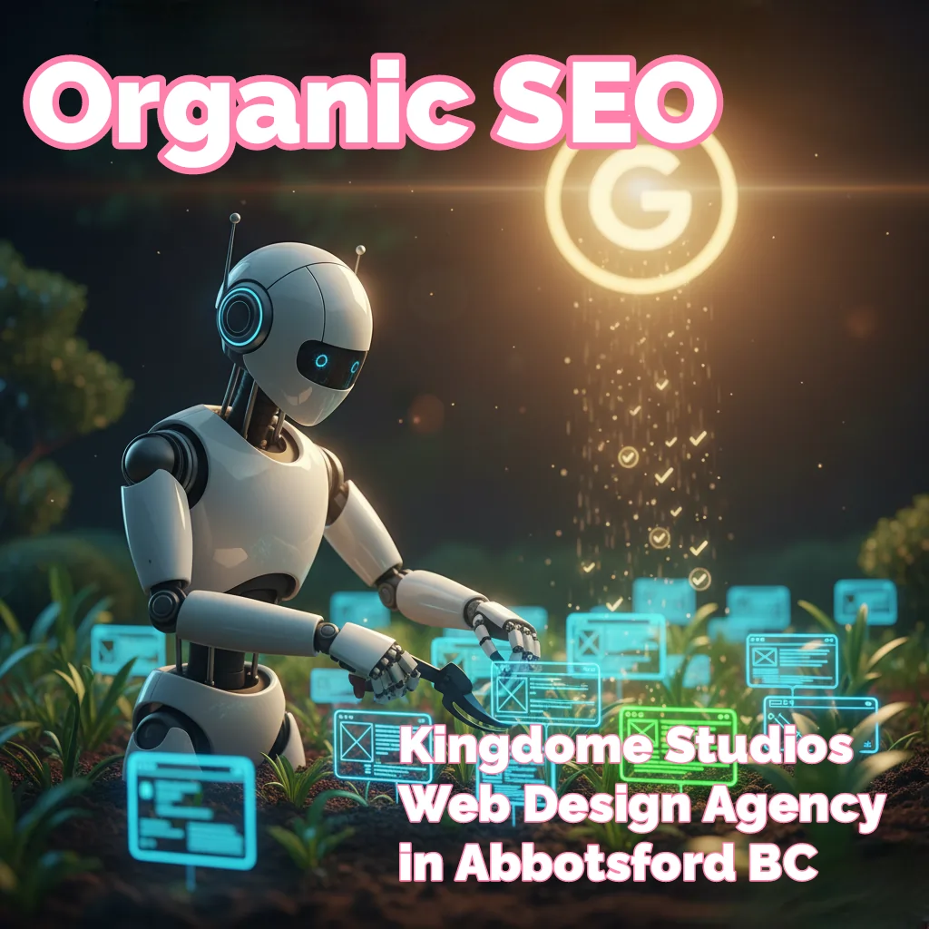 Robot tending to glowing holographic SEO elements under a Google logo, with text 'Organic SEO, Kingdome Studios Web Design Agency in Abbotsford BC